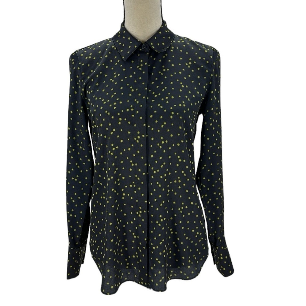 Lafayette 148 New York Scottie Painterly Dots Button Up Blouse- Black Green - XS